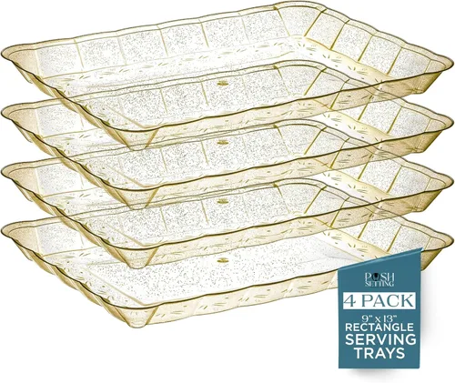 Posh Setting - Bandejas doradas con purpurina para fiestas, platos de plástico de 9 x 13 pulgadas y bandejas de alimentos