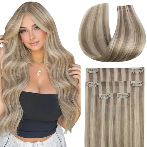 Miniatura 37 de Full Shine Extensiones de cabello humano con pinzas, cabello humano Remy invisible para mujer, color rubio platino, 20 pulgadas, 8 unidades, 4.23 oz
