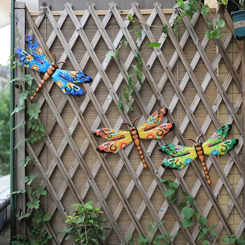 Miniatura 2 de Decoración de pared de metal con libélula al aire libre, arte de pared para patio, decoración colgante para sala de estar, dormitorio, paquete de 3