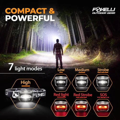 Miniatura 3 de Foxelli Linterna de Cabeza LED para Adultos y Niños, para Correr, Acampar, Hacer Senderismo, Faro de Cabeza con Luz Blanca y Roja, Diadema Cómoda