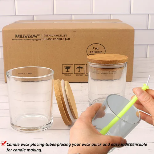 Miniatura 7 de MILIVIXAY Paquete de 12 unidades de tarros de vela de 7 onzas de vidrio transparente con tapas y kits para hacer velas - Tarros de vela vacíos a