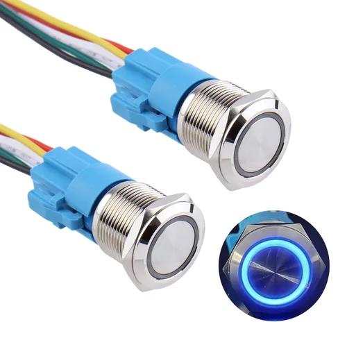 Miniatura 18 de 2 unids 0.630 in metal pestillo interruptor de botón 12V-24V ON-Off 5Pins 1NO 1NC con coleta para agujero de montaje de 5/8 pulgadas impermeable Azul