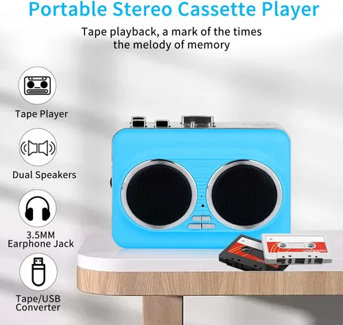Miniatura 3 de Convertidor de casete portátil a USB, altavoz dual estéreo puro y reproductor de casete inverso automático, reproductor de cinta de casete