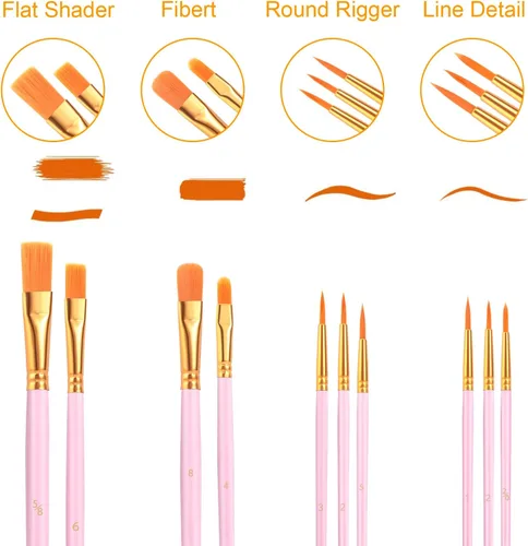Miniatura 2 de AROIC Pinceles de pintura acrílica, 6 paquetes/60 piezas, juego de pinceles de nailon para pintura al óleo para acuarela, kits profesionales de Rosa