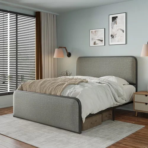 Miniatura 16 de SOFTSEA Cama de plataforma de tamaño matrimonial con nido, cama matrimonial tapizada con cabecero curvado para niños, adolescentes, invitados, tela