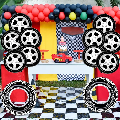 Miniatura 6 de 20 globos de carreras de autos de carreras, suministros de fiesta de cumpleaños, neumáticos de rueda, guirnalda de globos a cuadros, arco