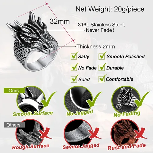 Miniatura 4 de FaithHeart Anillos de dragón punk para hombres y mujeres, acero inoxidablechapado en oro de 18 quilates, joyería de mitología nórdica con delicado