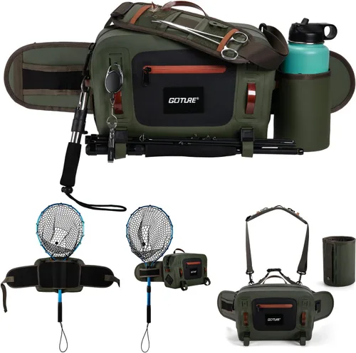 Miniatura 8 de Goture Riñonera de pesca impermeable, IPX8 840D TPU bolsa grande para aparejos con soporte para caña, cierre hermético de cremallera, bolsa de pesca