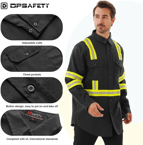 Miniatura 4 de Camisas FR para hombre, 7 onzas, de alta visibilidad, resistentes al fuego, CAT2, camisa de soldadura CAT2, 100% algodón, de alta visibilidad