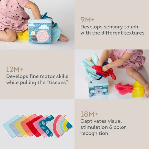 Miniatura 6 de Taf Toys Caja de Pañuelos Sensoriales Arrugados para Niños Pequeños. Juguete STEM Montessori con Pañuelos Suaves Coloridos y Mantitas Crujientes