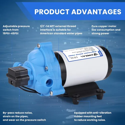 Miniatura 4 de Anbull Bomba de transferencia de agua de 110 V 4.0 GPM/45 PSI, bomba de diafragma de presión de refuerzo de agua industrial con adaptadores
