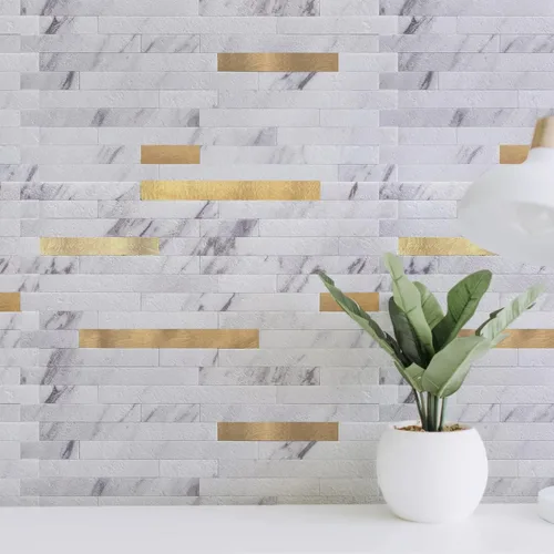 Miniatura 3 de Art3d - Azulejo para cocina, baño, 10 hojas despega y pega, color blanco adornado con metal dorado. Volakas Blanco + Metal Oro