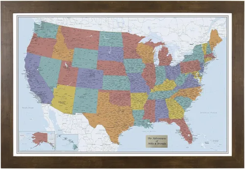 Miniatura 54 de Push Pin Travel Maps Lienzo personalizado Blue Oceans USA con marco gris de madera de granero