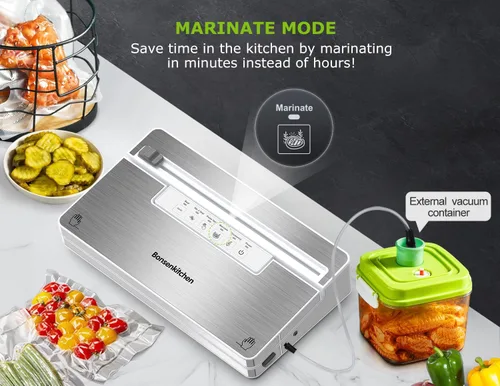 Miniatura 5 de Bonsenkitchen Máquina selladora al vacío, sellador de alimentos de acero inoxidable con 1 rollo y 5 bolsas, 5 modos de vacío de alimentos, cortador