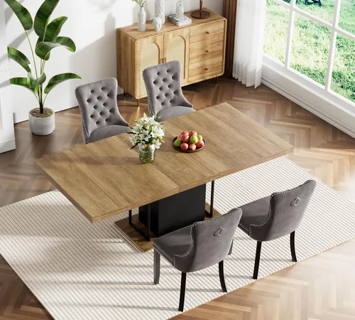 Miniatura 106 de Juego de mesa de comedor extensible marrón de 63 a 78.74 pulgadas para 4, juego de mesa de comedor de 5 piezas con 4 sillas, mesa de cocina