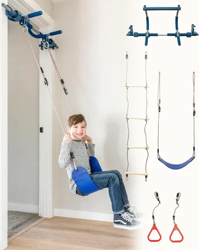 Set de gimnasio en puerta interior Gym1 - columpio sensorial y anillos de agarre - Barra de tracción ajustable para marco de puerta para niños y