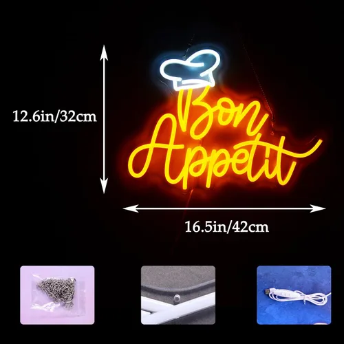 Miniatura 2 de Bon Appetit - Letrero LED con sombrero de chef, letras doradas, luces de neón para restaurante, estilo francés, neón regulable, LED, "16.5 x 12.6