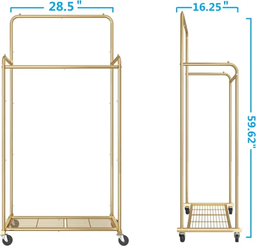 Miniatura 7 de Simple Trending - Perchero para ropa de doble varilla, estante resistente con ruedas para colgar ropa, con 4 ganchos, color dorado