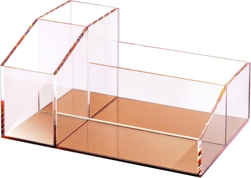 Organizador de brochas de maquillaje de acrílico transparente con base metálica de oro rosa, 4 compartimentos organizadores de oficina para