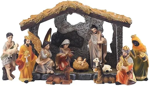MOOCOCO Conjunto de Figuras de Belén Navideño, Figura de Jesús en el Pesebre, Estatua de Resina Hecha a Mano, Familia Sagrada, 12 Piezas