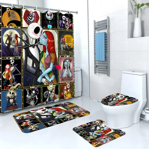 Miniatura 14 de Juego de 4 cortinas de ducha de Navidad para niños, decoración de Halloween y Navidad con 12 ganchos de cortina para baño, impermeable, 71 x 71