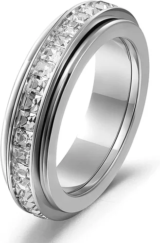 Anxiety Rings for Women Titanium Steel Spinner Fidget Band Rings Cubic Zirconia Relieving Anxiety Wedding Promise Lucky Rings Comfort Fit Size 5 to