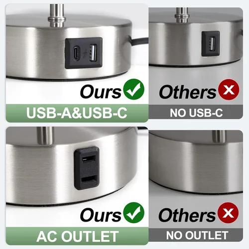 Miniatura 3 de Yarra-Decor Lámpara de noche mejorada con puertos de carga USB A+C y salida de CA, lámpara de mesa de control táctil para dormitorio, lámpara de Gris
