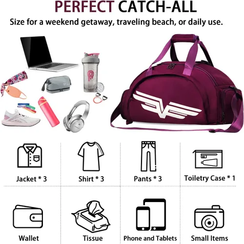 Miniatura 6 de FIORETTO Bolsa de deporte para hombre con bolsillo húmedo y compartimento para zapatos, ideal para viajes, gimnasio, deportes, natación, B-Morado