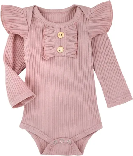 Miniatura 4 de KANGKANG Ropa de bebé recién nacida, mameluco acanalado con mangas con volantes + pantalones florales + diadema lindo traje de bebé niña 3 piezas