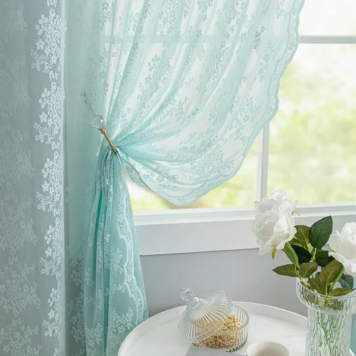 Cortinas transparentes color aqua de 63 pulgadas de largo, paneles de cortina de encaje floral vintage para guardería, niñas, dormitorio de niños,