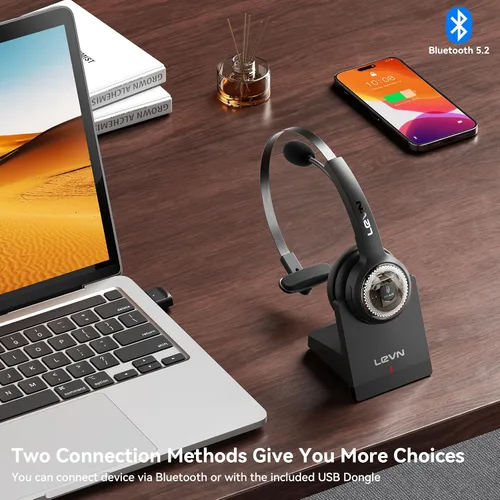 Miniatura 3 de LEVN Auriculares inalámbricos con micrófono para el trabajo, auriculares inalámbricos (base de carga, cancelación de ruido y botón de silencio)