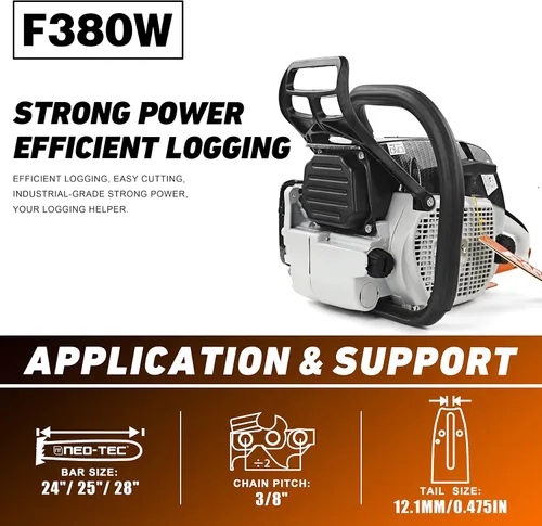 Miniatura 2 de Motosierra de gasolina de 2 ciclos F380W 72cc, motosierra de gas de 3.6KW 4.8HP apta para barra de 24/25/28 pulgadas, todas las piezas compatibles
