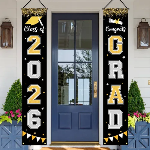 Miniatura 2 de Bandera de decoración de graduación 2025 GRAD Bandera negra para porche y puerta de bienvenida para pared interior y exterior, decoración