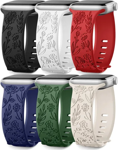 Miniatura 17 de SNBLK Paquete de 6 correas florales grabadas compatibles con Apple Watch de 40mm 41mm 42mm 38mm 44mm 45mm 46mm 49mm, mujeres y hombres, correa