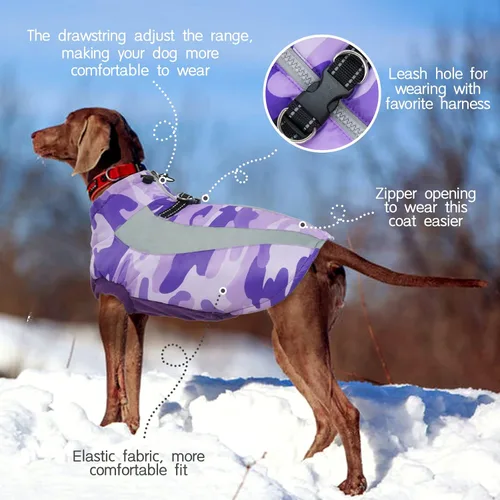 Miniatura 2 de FUAMEY Chaquetas de invierno para perros grandes, abrigo para perros con arnés incorporado, trajes de nieve impermeables para perros, cálido abrigo