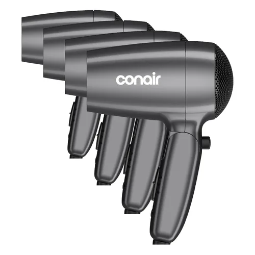 Conair - Secador de cabello de viaje con doble voltaje, 1875 W, secador compacto con mango plegable, gris, (paquete de 4)