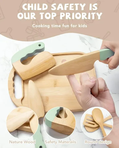 Miniatura 5 de Juego de cocina Montessori de madera para niños, herramientas de cocina reales y utensilios para hornear, kit de cocina de 15 piezas para niños