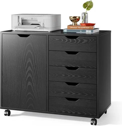 Miniatura 9 de DEVAISE Gabinete de madera con 5 cajones, armario de almacenamiento de oficina con estante ajustable y ruedas, soporte de impresora para oficina