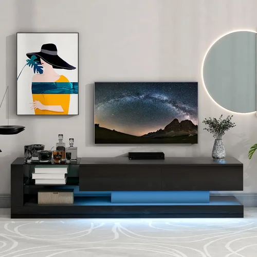 Miniatura 23 de Soporte de TV versátil de alto brillo con luces LED que cambian de color y 2 estantes de vidrio templado, centro de entretenimiento para televisores
