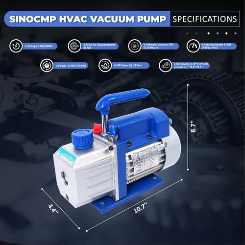 Miniatura 2 de Bomba de vacío de una sola etapa 4CFM, HVAC 110V 60HZ 1/3 HP Power para R12 R22 R134a R410a R502 AC Sistema de recarga de refrigerante, para aire