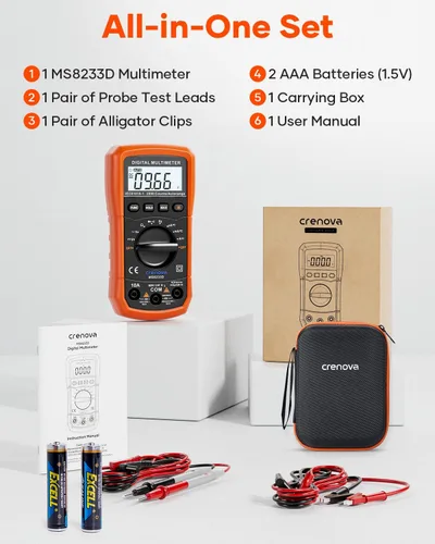 Miniatura 9 de Multímetro digital con auto-rango Crenova MS8233D, instrumento de medición electrónica, detector de voltaje CA, medidor portátil de Amp / Ohm
