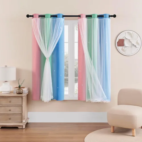 Miniatura 75 de XiDi Cortinas opacas con estrellas para habitaciones de niños, cortinas verdes para ventana de dormitorio de niños, azul y gris, 52 pulgadas de Azul