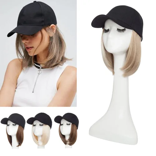 Miniatura 17 de S-noilite Peluca de gorra de béisbol de 6 pulgadas con peinado Bob y extensiones de cabello, gorra de béisbol recta ajustable para mujer