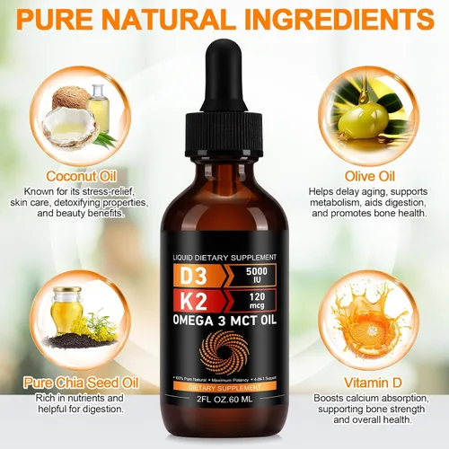Miniatura 2 de Daiasns Vitamina D3 5000 UI y K2 (MK-7) 120 mcg 2.0 fl oz gotas con aceite MCT Omega 3, suplementos líquidos de vitamina D3 y K2 - Suministro de 2