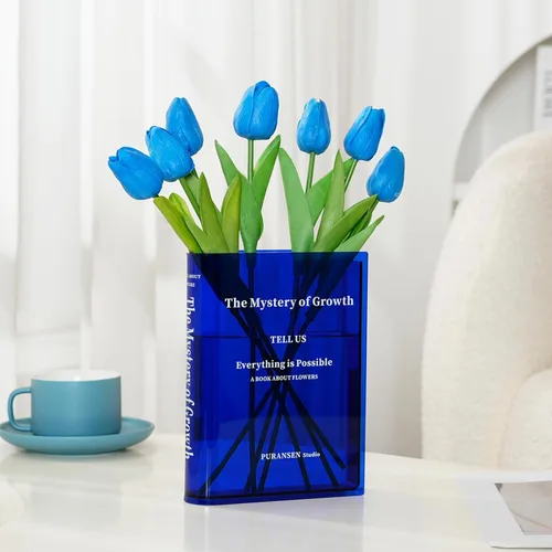 Puransen - Jarrón azul en forma de libro para flores - Decoración estética de habitación para hogar/oficina moderno, organizador de estante Azul