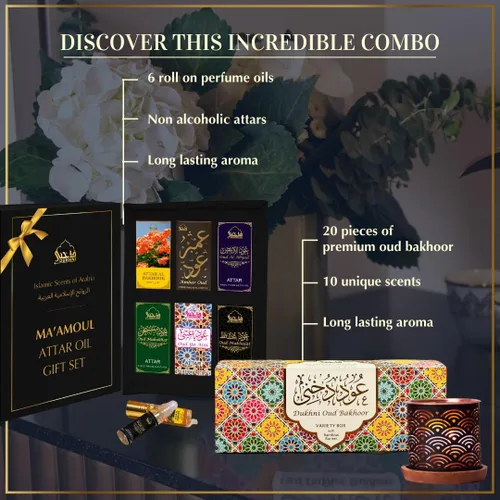 Miniatura 2 de Oud Bakhoor - Caja variada con quemador y aceite Ma'amoul Attar Set - 6 botellas x 0.2 fl oz