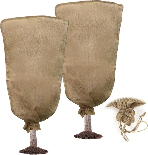 Miniatura 9 de Svepndic 2 bolsas reutilizables de arpillera cálida para plantas de invierno de 47 x 40 pulgadas con cordón de arpillera para plantas, protección