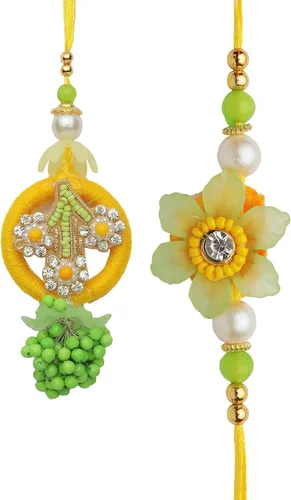 Bhai Dooj Rakhi Lumba Juego de 2 Rakhi para hermano y Bhabhi Bhaiya Bhai Rakhi Rakhi Juego de 2 pares de hilos Rakhi Dora, paquete de regalo para