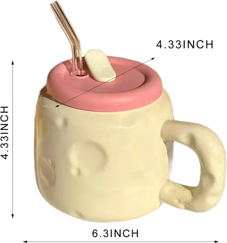 Miniatura 6 de Juego de tazas de cerámica en forma de queso de 25 onzas – Taza de café de cerámica bonita con tapa y pajita, taza de café grande regalo