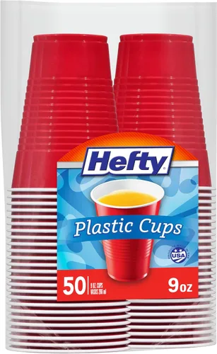 Hefty - Vasos desechables de plástico rojos, 9 onzas, 50 unidades (paquete de 12), 600 en total